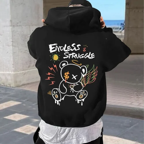Hot selling men's autumn cartoon bear print soft and comfortable hooded sweatshirt outdoor street style clothing