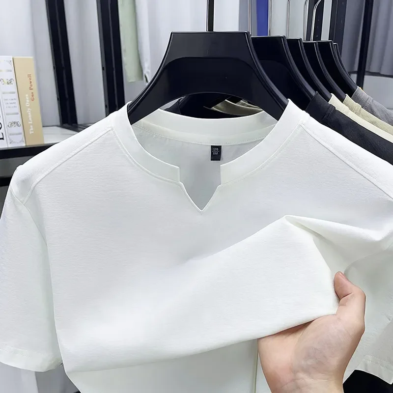 Korean Men's Casual and Fashionable Small V-neck Solid Color Short Sleeved T-shirt Comfortable Summer Versatile Top - Image 6