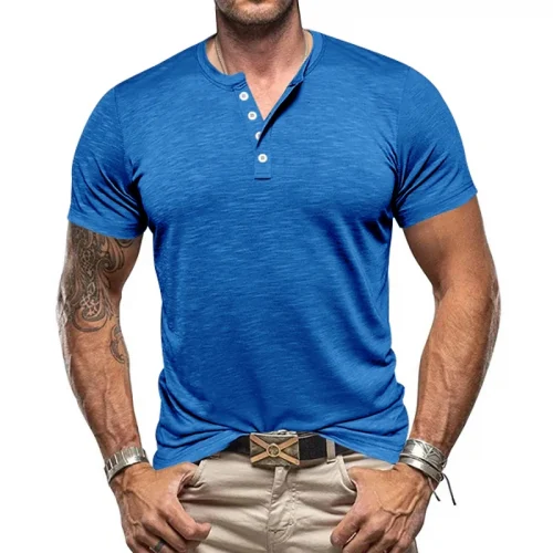 24 fashionable men's short sleeved button up T-shirt Henry shirt summer casual solid color European and American trendy men