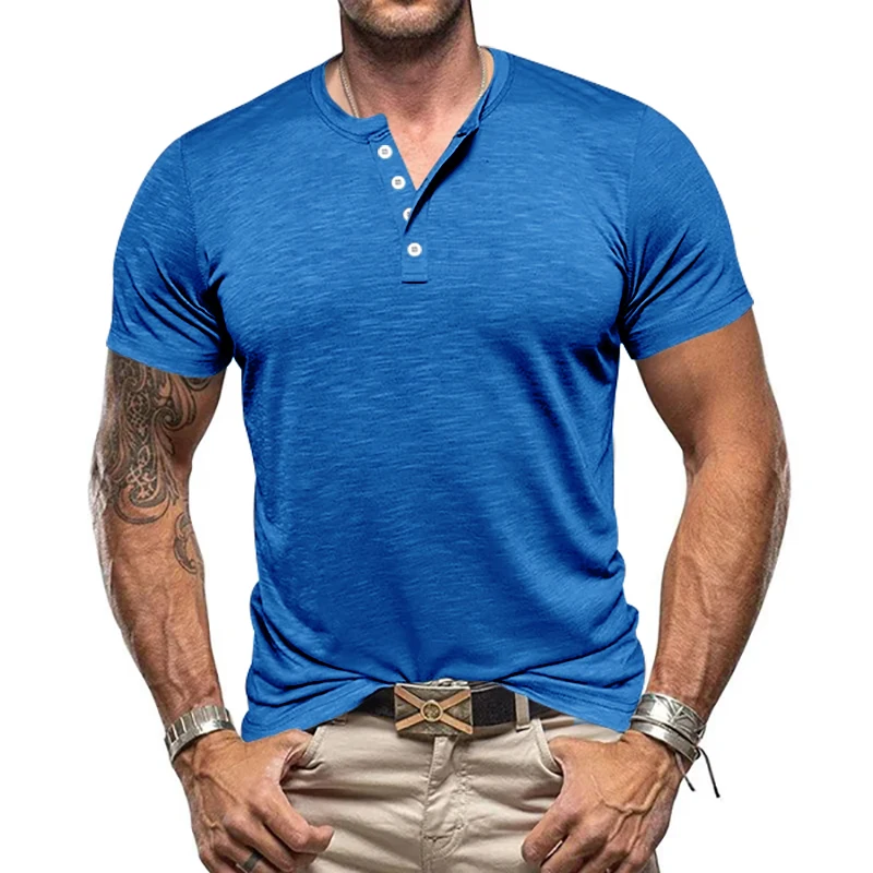 24 fashionable men's short sleeved button up T-shirt Henry shirt summer casual solid color European and American trendy men