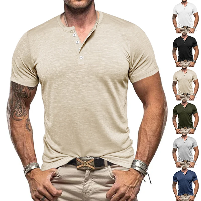 24 fashionable men's short sleeved button up T-shirt Henry shirt summer casual solid color European and American trendy men - Image 2