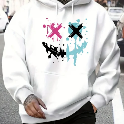 Men's autumn and winter casual fashionable loose hoodie with smiling face pattern printed long sleeved warm pullover sweater