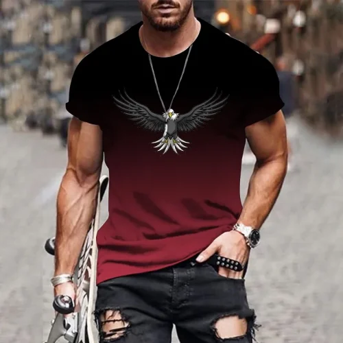 Men's gradient eagle 3D printed T-shirt summer outdoor leisure sports quick-drying short-sleeved tops plus size men's clothing