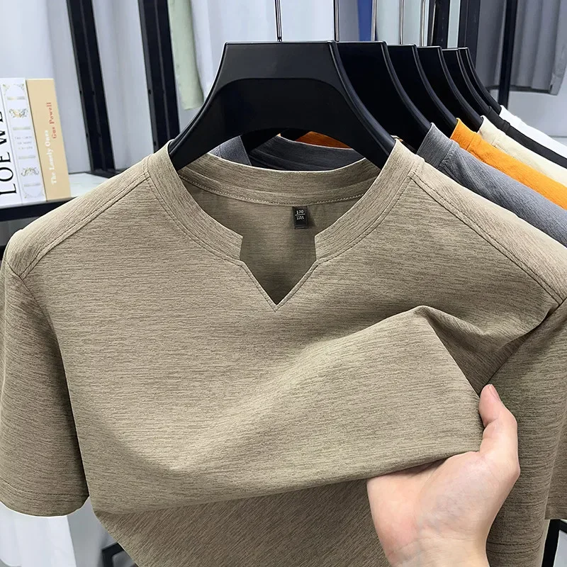 Korean Men's Casual and Fashionable Small V-neck Solid Color Short Sleeved T-shirt Comfortable Summer Versatile Top - Image 2